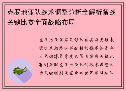 克罗地亚队战术调整分析全解析备战关键比赛全面战略布局